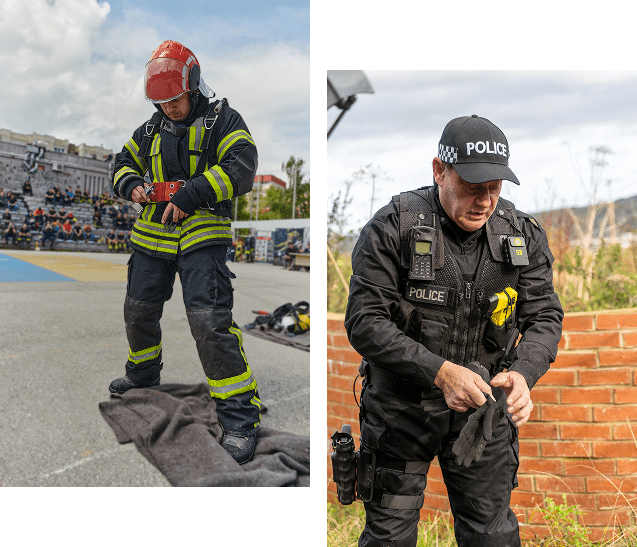 Frame 1618874302 Firefighter and police officer preparing gear.
