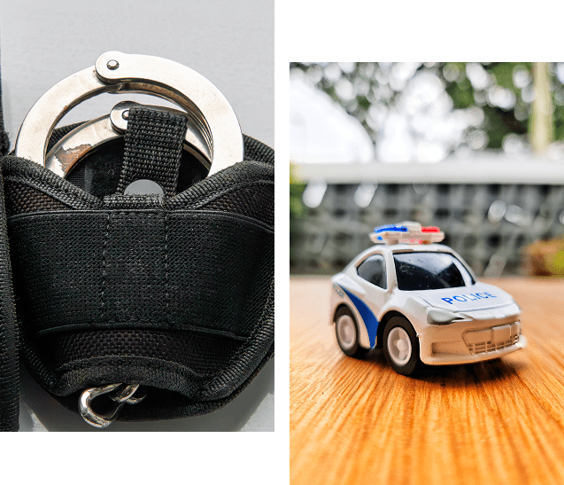 Group 1321316763 Handcuffs in pouch; toy police car nearby.
