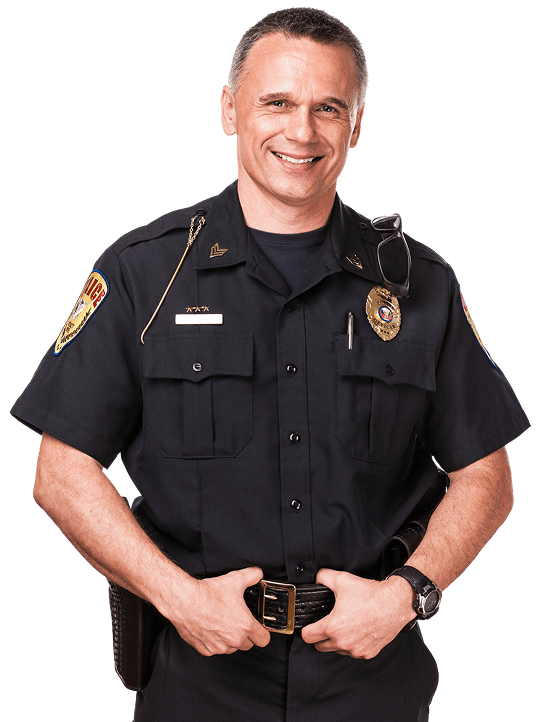 Group 1321317558 Smiling police officer in uniform on black background.