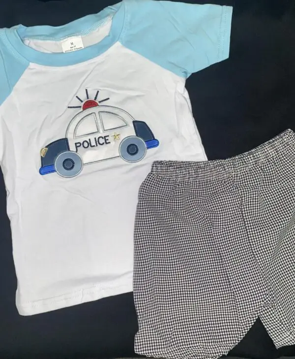 Toddler Police Car Tee & Plaid Black Short Set